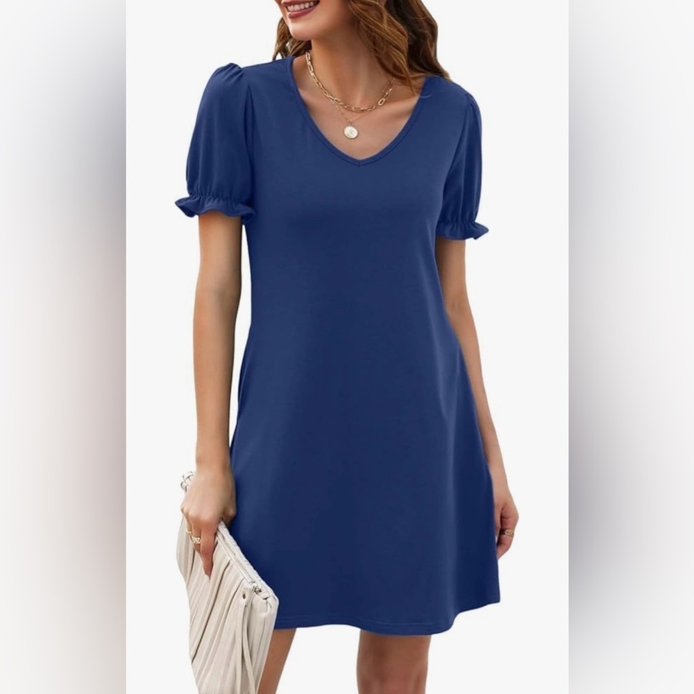 Women's Casual Dress Short Sleeve V-Neck Dress with Pockets - Picture 2 of 8